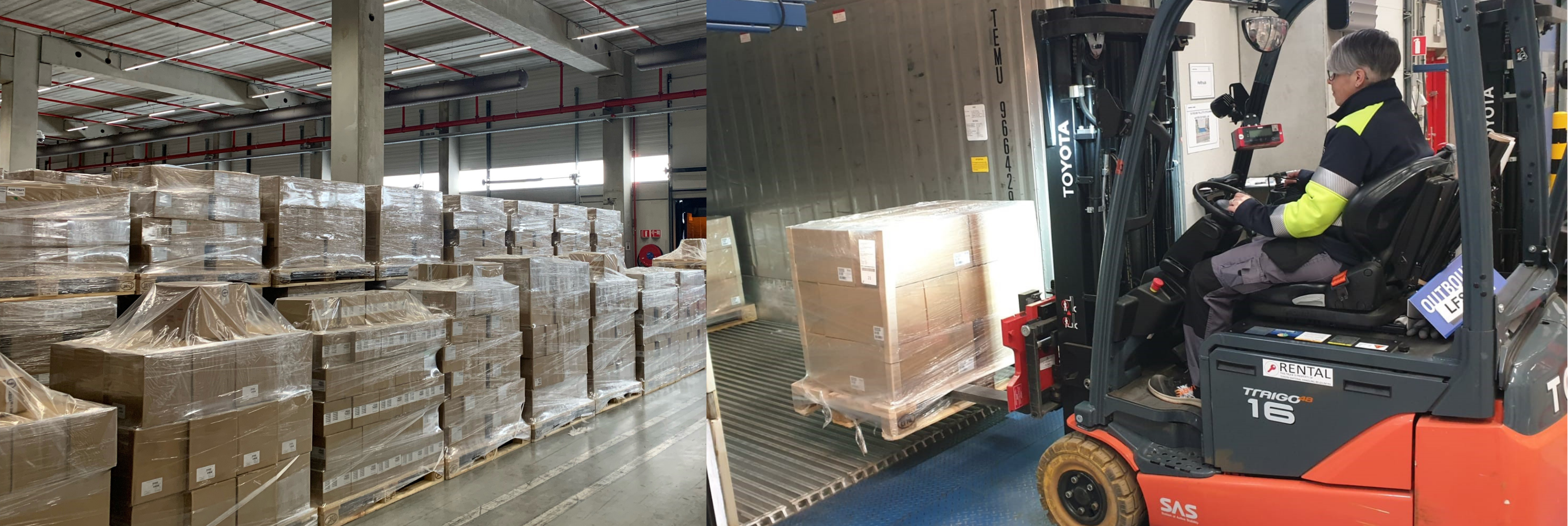 Pallets of LifeScan’s OneTouch® Blood Glucose testing supplies departing for Ukraine. The shipment includes specifically requested items such as blood glucose meters and test strips.
